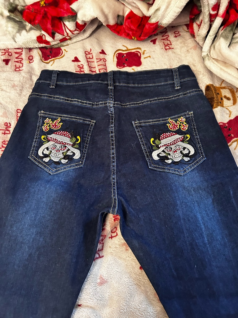 Bamboo Dark Blue Wide Leg Jeans With Embroidered Skull Pockets